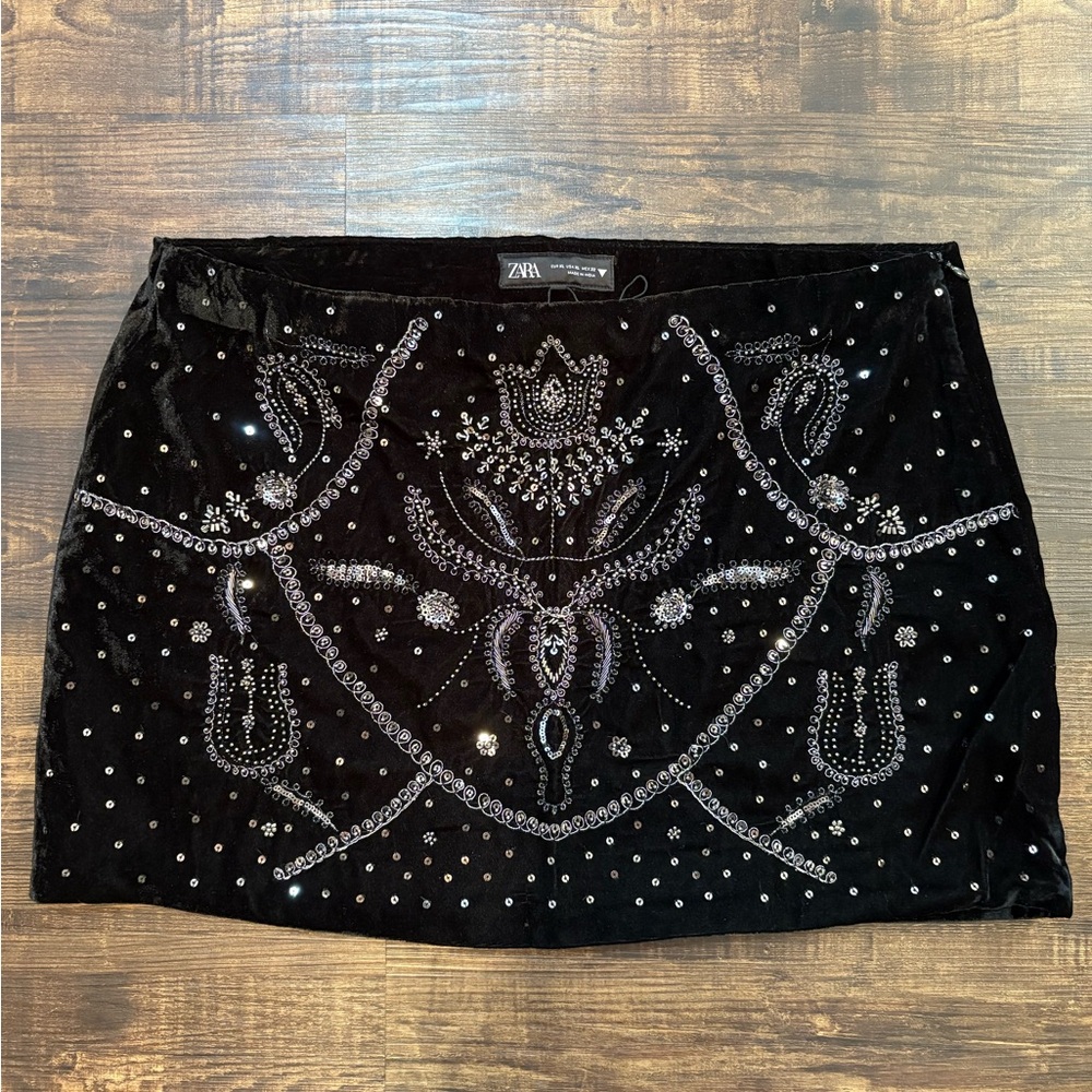 Zara Black Velvet Embellished Mini Skirt
